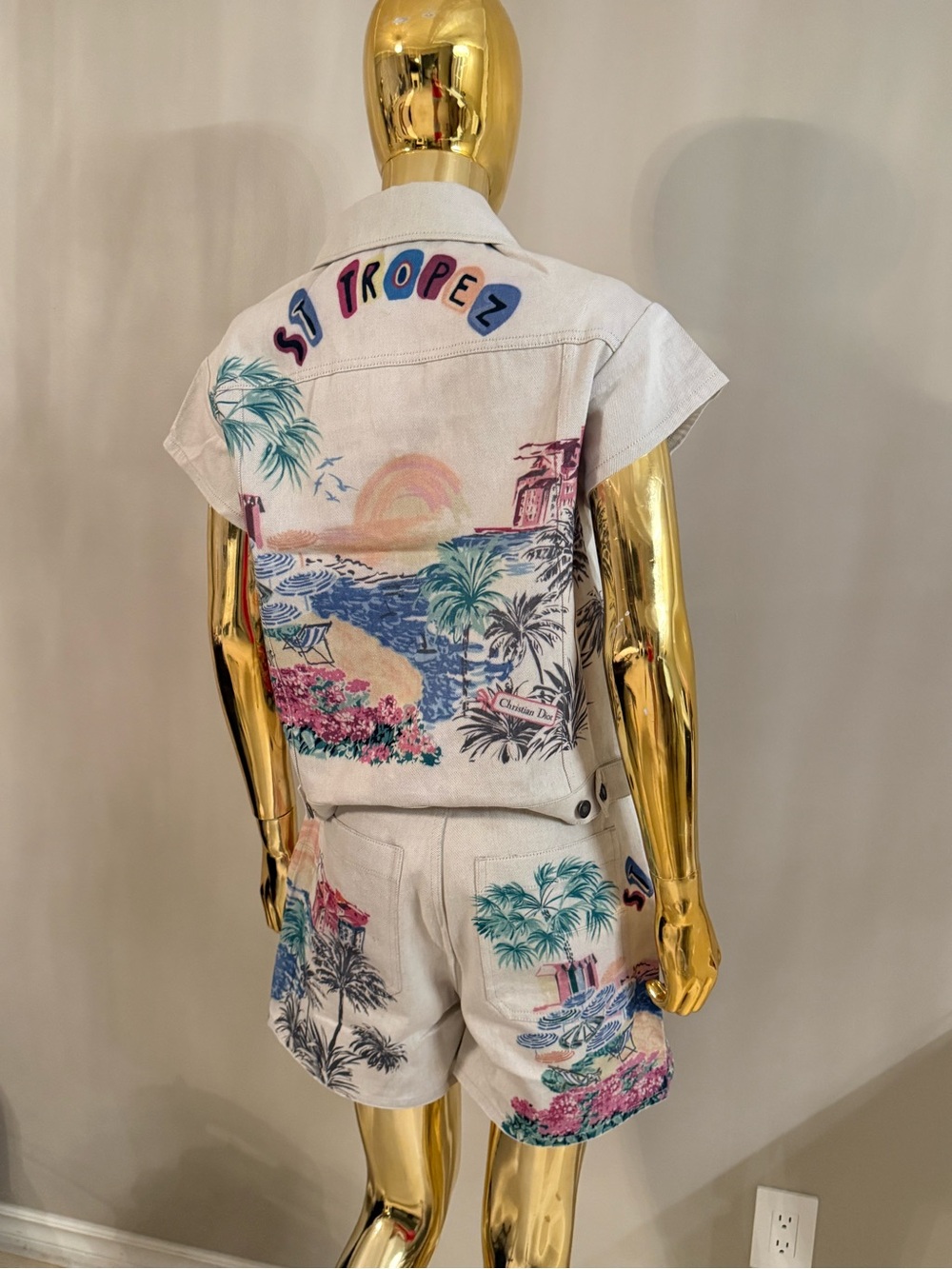 Dior Beige St. Tropez Embroidered Beach Print Shorts Set